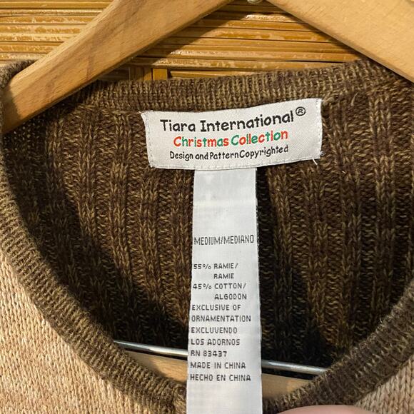 VTG Tiara International Santa Gifts Christmas zip Cardigan Sweater Medium Brown - Picture 4 of 7